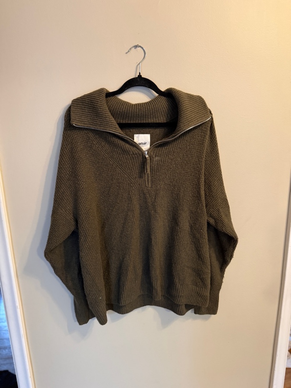 aerie Olive Half-Zip V-Neck Knit Pullover